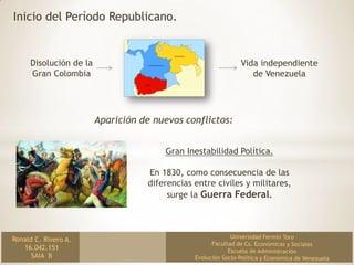 Inicio del Período Republicano.
Disolución de la
Gran Colombia
Vida independiente
de Venezuela
Aparición de nuevos conflictos:
Gran Inestabilidad Política.
En 1830, como consecuencia de las
diferencias entre civiles y militares,
surge la Guerra Federal.
 