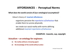 AFFORDANCES  ‐  Perceptual Norms 
What does the world consist of (our ontological assump:on)? 

    Gibson’s theory of  invariant aﬀordances  
           organisms perceive the repertoires of behaviour that  
          enable them to survive physically  
          we create our social reality with norms deﬁning 
          addi(onal invariant repertoires of behaviour  

                                        EXAMPLES:  towards, cup, copyright 

Actualism – an ontology for engineers 
   1)    No reality without a knowing agent 
   2)    No knowledge of the world without ac:on 

                                                           © Ronald K Stamper 2009 
 