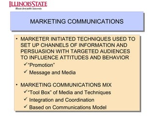 MARKETING COMMUNICATIONS
MARKETING COMMUNICATIONS
•• MARKETER INITIATED TECHNIQUES USED TO
MARKETER INITIATED TECHNIQUES USED TO
SET UP CHANNELS OF INFORMATION AND
SET UP CHANNELS OF INFORMATION AND
PERSUASION WITH TARGETED AUDIENCES
PERSUASION WITH TARGETED AUDIENCES
TO INFLUENCE ATTITUDES AND BEHAVIOR
TO INFLUENCE ATTITUDES AND BEHAVIOR
“Promotion”
“Promotion”
 Message and Media
 Message and Media
•• MARKETING COMMUNICATIONS MIX
MARKETING COMMUNICATIONS MIX
“Tool Box” of Media and Techniques
“Tool Box” of Media and Techniques
 Integration and Coordination
 Integration and Coordination
 Based on Communications Model
 Based on Communications Model

 