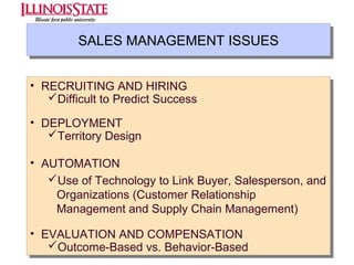 SALES MANAGEMENT ISSUES
SALES MANAGEMENT ISSUES
•• RECRUITING AND HIRING
RECRUITING AND HIRING
Difficult to Predict Success
Difficult to Predict Success
•• DEPLOYMENT
DEPLOYMENT
Territory Design
Territory Design
•• AUTOMATION
AUTOMATION
Use of Technology to Link Buyer, Salesperson, and
Use of Technology to Link Buyer, Salesperson, and
Organizations (Customer Relationship
Organizations (Customer Relationship
Management and Supply Chain Management)
Management and Supply Chain Management)
•• EVALUATION AND COMPENSATION
EVALUATION AND COMPENSATION
Outcome-Based vs. Behavior-Based
Outcome-Based vs. Behavior-Based

 