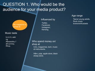 QUESTION 1. Who would be the
audience for your media product?
My magazine is
aimed at
Music taste
b.m.t.h, aski
ng
Alexandria, f
all out boy,
Rhcp.
Influenced by
Twitter,
Facebook,
Instagram,
Kerrang.
Age range
Teens/ young adults,
Rock music
lovers/enthusiasts
Who spend money on/
shop at
Cd’s, magazines, tech, music
al instruments.
H&m, pulp, apple store, black
sheep store.
 
