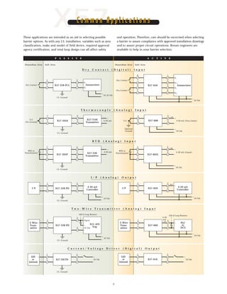 X57Common ApplicationsCommon Applications
5
These applications are intended as an aid in selecting possible
barrier options. As with any I.S. installation, variables such as area
classification, make and model of field device, required approval
agency certification, and total loop design can all affect safety
and operation. Therefore, care should be excercised when selecting
a barrier to assure compliance with approved installation drawings
and to assure proper circuit operations. Ronan engineers are
available to help in your barrier selection.
X57-606
+
-
24 Vdc
+
-
4-20 mA (Non-Linear)
2
46
5
T/C
Optional
Ground
X57-205S
X57-210L
Transmitter
2
4
7
5
I.S. Ground
T/C
(No Ground)
+
-
4-20 mA
+
-
24 Vdc
+
-
4-20 mA (Linear)
2
4
7
6
5
X57-605L
RTD or
Potentiometer
2
4
7
5
X57-230
Transmitter
6 3
X57-305P
4
I.S. Ground
+
-
4-20 mA
RTD or
Potentiometer
+
-
24 Vdc
4-20 mA
Controller
+
-
X57-228 PD
+
-
2
4
7
5I/P
I.S. Ground
+
-
24 Vdc
X57-620
4-20 mA
Controller
+
-
3
47
5
+
-
I/P
2
4
7
5
X57-228 PD
I.S. Ground
+
-
24 Vdc
2-Wire
Trans-
mitter
+
-
100 Ω Loop Resistor
X51-422
Trip
+
-
24 Vdc
Signal
+
-
24 Vdc
X57-600
PLC
or
DCS
+
-
3
47
5
250 Ω Loop Resistor
4-20
mA
2-Wire
Trans-
mitter
+
-
+
-
24 VdcX57-610
3
47
5
+
-
LED
or
Solenoid
2
4
7
5
I.S. Ground
X57-228 PD
+
-
24 Vdc
+
-
LED
or
Solenoid
Hazardous Area Safe AreaHazardous Area Safe Area
P A S S I V E A C T I V E
C u r r e n t / V o l t a g e D r i v e r ( D i g i t a l ) O u t p u t
T w o - W i r e T r a n s m i t t e r ( A n a l o g ) I n p u t
I / P ( A n a l o g ) O u t p u t
R T D ( A n a l o g ) I n p u t
T h e r m o c o u p l e ( A n a l o g ) I n p u t
D r y C o n t a c t ( D i g i t a l ) I n p u t
AnnunciatorX57-228 PCL
2
47
5
H
FC
+
-
24-32 Vdc
I.S. Ground
Dry Contact Annunciator
H1
FC1
H2
FC2
X57-650
1
2
3
4
8
7
6
5
+
-
24 Vdc
Dry Contact
Dry Contact
 