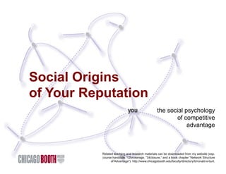 Social Origins
of Your Reputation
the social psychology
of competitive
advantage

Related teaching and research materials can be downloaded from my website (esp.
course handouts “12brokerage, ”34closure,” and a book chapter “Network Structure
of Advantage”): http://www.chicagobooth.edu/faculty/directory/b/ronald-s-burt.

 