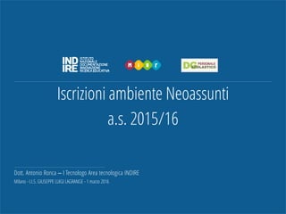 Iscrizioni ambiente Neoassunti
a.s. 2015/16
Dott. Antonio Ronca – I Tecnologo Area tecnologica INDIRE
Milano - I.I.S. GIUSEPPE LUIGI LAGRANGE - 1 marzo 2016
 