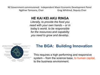 NZ Government commissioned: Independent Maori Economic Development Panel
         Ngāhiwi Tomoana, Chair           Greg Whittred, Deputy Chair


                    HE KAI KEI AKU RINGA
                   Literally, to provide the food you
                  need with your own hands – or in
                   today’s world, to be responsible
                   for the resources and capability
                    you need to grow and develop.



                        The BGA: Building Innovation

                      This requires a high performing and responsive
                      system – from the science base, to human capital,
                      to the business environment.
 