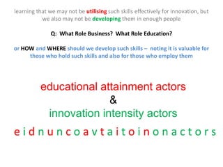 learning that we may not be utilising such skills effectively for innovation, but
           we also may not be developing them in enough people

               Q: What Role Business? What Role Education?

or HOW and WHERE should we develop such skills – noting it is valuable for
     those who hold such skills and also for those who employ them




          educational attainment actors
                        &
           innovation intensity actors
eidnuncoavtaitoinonactors
 