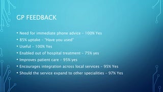 GP FEEDBACK
• Need for immediate phone advice – 100% Yes
• 85% uptake – “Have you used”
• Useful – 100% Yes
• Enabled out of hospital treatment – 75% yes
• Improves patient care – 95% yes
• Encourages integration across local services – 95% Yes
• Should the service expand to other specialities – 97% Yes
 