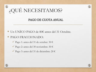 ¿QUÉ NECESITAMOS?
PAGO DE CUOTA ANUAL
 Un UNÍCO PAGO de 80€ antes del 31 Octubre.
 PAGO FRACCIONADO:
 Pago 1: antes del 31 de octubre: 30 €
 Pago 2: antes del 30 noviembre: 30 €
 Pago 3: antes del 31 de diciembre: 20 €
 