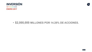 12INVERSIÓN
ENERO 2017
• $2,000,000 MILLONES POR 14.28% DE ACCIONES.
 