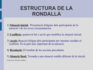ESTRUCTURA DE LA
RONDALLA
1) Situació inicial: Presentació d'alguns dels participants de la
narració i de les seves circumstàncies.
2) Conflicte: qualsevol fet o acció que modifica la situació inicial.
3) Acció: Reacció d'algun dels participants per intentar resoldre el
conflicte. És la part més important de la narració.
4) Resolució: El resultat de les accions precedents.
5) Situació final: Tornada a una situació estable diferent de la inicial.
(veure power estructura rondalla)
 