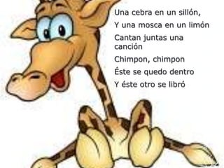 Una cebra en un sillón,
Y una mosca en un limón
Cantan juntas una
canción
Chimpon, chimpon
Éste se quedo dentro
Y éste otro se libró
 