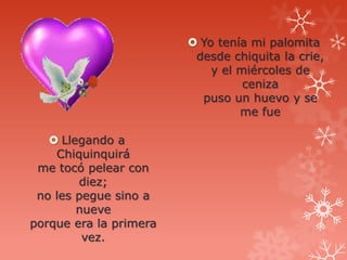  Yo tenía mi palomita
                         desde chiquita la crie,
                            y el miércoles de
                                  ceniza
                          puso un huevo y se
                                 me fue

    Llegando a
    Chiquinquirá
 me tocó pelear con
        diez;
 no les pegue sino a
        nueve
porque era la primera
         vez.
 