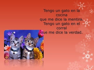 Tengo un gato en la
        cocina
que me dice la mentira.
  Tengo un gato en el
        corral
que me dice la verdad.
 