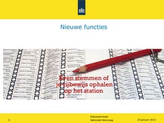 Nieuwe functies




             Rijkswaterstaat
5            Nationale Reisvraag   25 januari 2013
 