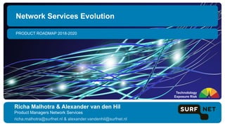 PRODUCT ROADMAP 2018-2020
Network Services Evolution
Richa Malhotra & Alexander van den Hil
Product Managers Network Services
richa.malhotra@surfnet.nl & alexander.vandenhil@surfnet.nl
Technolology
Exposure Risk
 