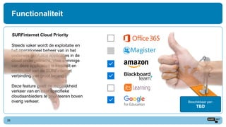 26
SURFinternet Cloud Priority
Steeds vaker wordt de exploitatie en
het operationeel beheer van in het
onderwijs gebruikte applicaties in de
cloud ondergebracht. Voor sommige
van deze applicaties is kwaliteit en
continuteit van de SURFinternet
verbinding van groot belang.
Deze feature geeft de mogelijkheid
verkeer van en naar specifieke
cloudaanbieders te prioriteeren boven
overig verkeer.
Functionaliteit
Beschikbaar per:
TBD
 