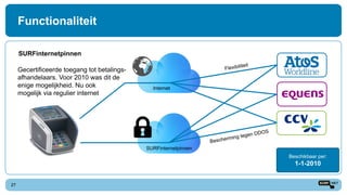Functionaliteit
27
SURFinternetpinnen
Beschikbaar per:
1-1-2010
Gecertificeerde toegang tot betalings-
afhandelaars. Voor 2010 was dit de
enige mogelijkheid. Nu ook
mogelijk via regulier internet
SURFinternetpinnen
Internet
 