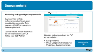 Duurzaamheid
30
Monitoring en Rapportage Energieverbruik
Beschikbaar per:
TBD
Duurzaamheid en high-
performance networking is geen
gemakkelijke combinatie. Toch
gaan we bij SURFnet bewust om
met energieverbruik
Door de nieuwe Juniper apparatuur
zal het verbruik dalen van 1,4
Watt/G naar 0,25 Watt/G!
Energieverbruik
We gaan meten/rapporteren per PoP
en cummulatief:
• Energieverbruik
• Power Usage Effectiveness (PUE)
• Percentage duurzame energie.
 