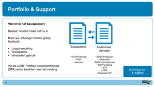 Portfolio & Support
33
Wat zit in het basispakket?
Beschikbaar per:
1-1-2019
Default: houden zoals het nu is.
Maar we ontvangen hierop graag
feedback.
• Laagdrempeling
• Stimulerend
• Versnellen gebruik
Via de SURF Portfolio Adviescommissie
(SPA) wordt besloten over de invulling.
Basispakket Additionele
diensten
• SURFinternet
• MSP
• eduroam
• SURFlichtpaden
• Dislocatie
• SURFinternetpinnen
• SURFwireless
• EVA
• EMS
• Upgrades BP
 