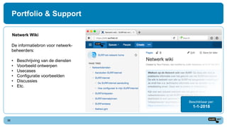 Portfolio & Support
36
Netwerk Wiki
De informatiebron voor netwerk-
beheerders:
• Beschrijving van de diensten
• Voorbeeld ontwerpen
• Usecases
• Configuratie voorbeelden
• Discussies
• Etc.
Beschikbaar per:
1-1-2018
 