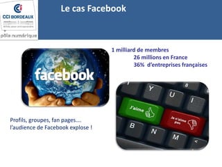 Le cas Facebook
Profils, groupes, fan pages….
l’audience de Facebook explose !
1 milliard de membres
26 millions en France
36% d’entreprises françaises
 