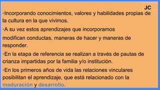 •Incorporando conocimientos, valores y habilidades propias de
la cultura en la que vivimos.
•A su vez estos aprendizajes que incorporamos
modifican conductas, maneras de hacer y maneras de
responder.
•En la etapa de referencia se realizan a través de pautas de
crianza impartidas por la familia y/o institución.
•En los primeros años de vida las relaciones vinculares
posibilitan el aprendizaje, que está relacionado con la
maduración y desarrollo.
JC