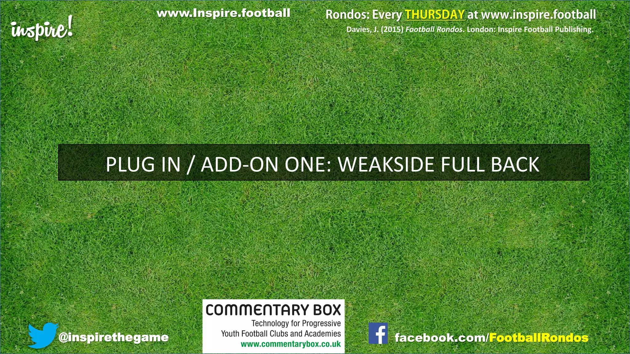 inspire!
@inspirethegame facebook.com/FootballRondos
Davies, J. (2015) Football Rondos. London: Inspire Football Publishing.
PLUG IN / ADD-ON ONE: WEAKSIDE FULL BACK
www.Inspire.football
 