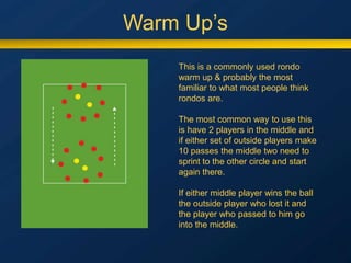 Warm Up’s
This is a commonly used rondo
warm up & probably the most
familiar to what most people think
rondos are.
The most common way to use this
is have 2 players in the middle and
if either set of outside players make
10 passes the middle two need to
sprint to the other circle and start
again there.
If either middle player wins the ball
the outside player who lost it and
the player who passed to him go
into the middle.
 