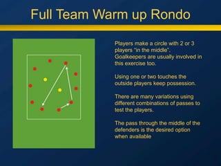 Full Team Warm up Rondo
Players make a circle with 2 or 3
players “in the middle”.
Goalkeepers are usually involved in
this exercise too.
Using one or two touches the
outside players keep possession.
There are many variations using
different combinations of passes to
test the players.
The pass through the middle of the
defenders is the desired option
when available
 