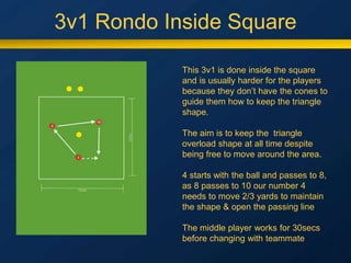 3v1 Rondo Inside Square
This 3v1 is done inside the square
and is usually harder for the players
because they don’t have the cones to
guide them how to keep the triangle
shape.
The aim is to keep the triangle
overload shape at all time despite
being free to move around the area.
4 starts with the ball and passes to 8,
as 8 passes to 10 our number 4
needs to move 2/3 yards to maintain
the shape & open the passing line
The middle player works for 30secs
before changing with teammate
 