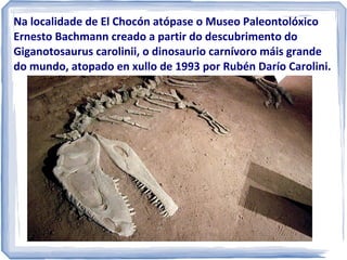 Na localidade de El Chocón atópase o Museo Paleontolóxico
Ernesto Bachmann creado a partir do descubrimento do
Giganotosaurus carolinii, o dinosaurio carnívoro máis grande
do mundo, atopado en xullo de 1993 por Rubén Darío Carolini.

 