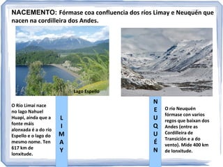 NACEMENTO: Fórmase coa confluencia dos ríos Limay e Neuquén que
nacen na cordilleira dos Andes.

Lago Espello
O Río Limai nace
no lago Nahuel
Huapi, aínda que a
fonte máis
alonxada é a do río
Espello e o lago do
mesmo nome. Ten
617 km de
lonxitude.

L
I
M
A
Y

N
E
U
Q
U
É
N

O río Neuquén
fórmase con varios
regos que baixan dos
Andes (entre as
Cordilleira de
Transición e a do
Vento). Mide 400 km
de lonxitude.

 