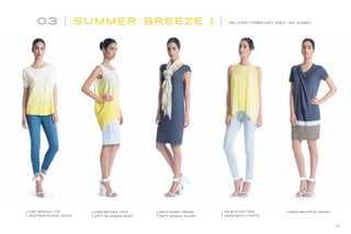 03 SU M M E R BRE EZE I DELIVERY FEBRUARY 28th (AR 2/28X)
11067 BRENDA TOP
3819 BARCELONA JEANS
11066 BROOKE TANK
2577 BLOSSOM SKIRT
5973 ROBIN DRESS
6675 MOSAIC SCARF
11119 BOSTON TANK
3839 BECKY PANTS
5993 BEATRICE DRESS
14
 