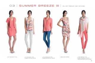 03 SU M M E R BRE EZE III DELIVERY FEBRUARY 28th (AR 2/28X)
11147 MADISON TUNIC 11117 MELISSA TANK
3832 NATALIE PANTS
11116 MARGIE BLOUSE
3819 BARCELONA JEANS
5981 MINDI DRESS 11067 BRENDA TOP
3837 MAGNOLIA PANTS
6679 WATERCOLOUR SCARF
18
 