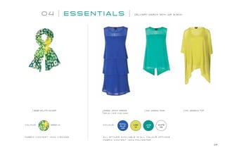 0 4 ESSE N T I A LS DELIVERY MARCH 30th (AR 3/30X)
25
11112 JASMIN TANK5992 JENNY DRESS
55 cm / 21.5” from waist
11110 JESSICA TOP6681 MOJITO SCARF
GREEN 14C O L O U R :
FA B R I C C O N T E N T: 1 0 0 % V I S C O S E
C O L O U R :
ROYAL
BLUE
125
LIME
13
JADE
187
WHITE
02
A L L S T Y L E S AVA I L A B L E I N A L L C O L O U R O P T I O N S .
FA B R I C C O N T E N T: 1 0 0 % P O LY E S T E R
 