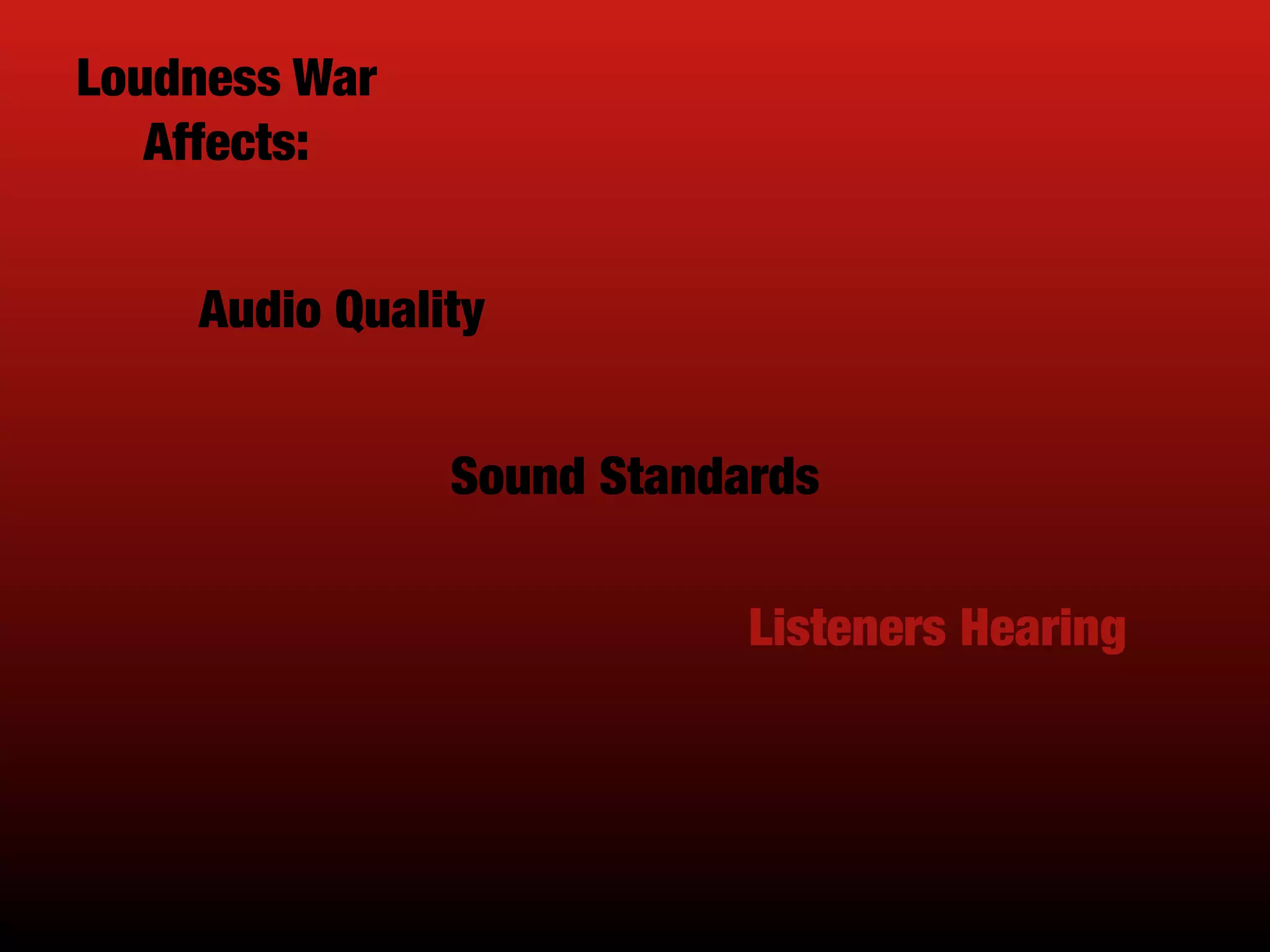 Loudness War
Affects:
Audio Quality
Sound Standards
Listeners Hearing
 