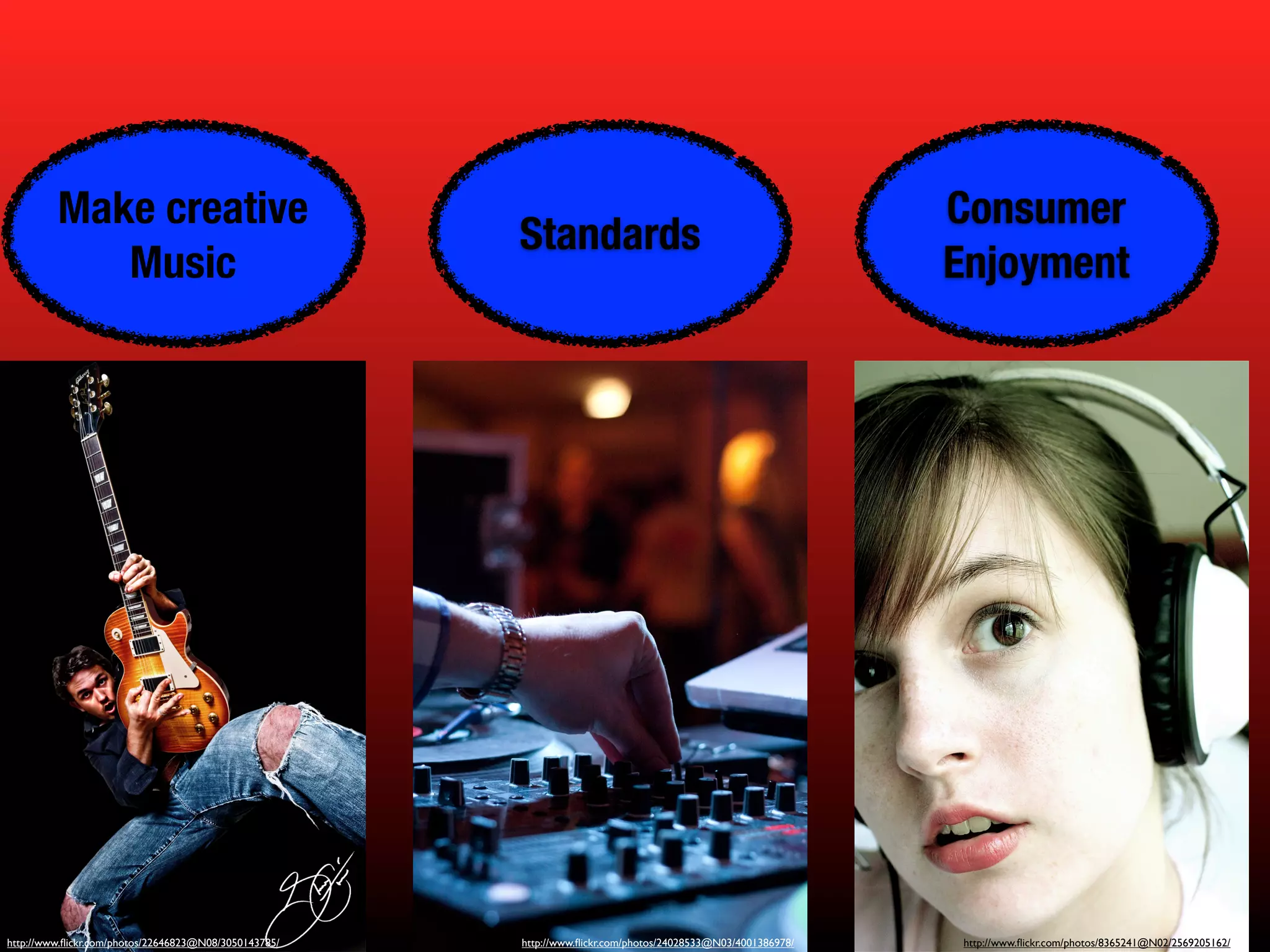 http://www.ﬂickr.com/photos/22646823@N08/3050143785/ http://www.ﬂickr.com/photos/24028533@N03/4001386978/
Standards
Make creative
Music
Consumer
Enjoyment
http://www.ﬂickr.com/photos/8365241@N02/2569205162/
 