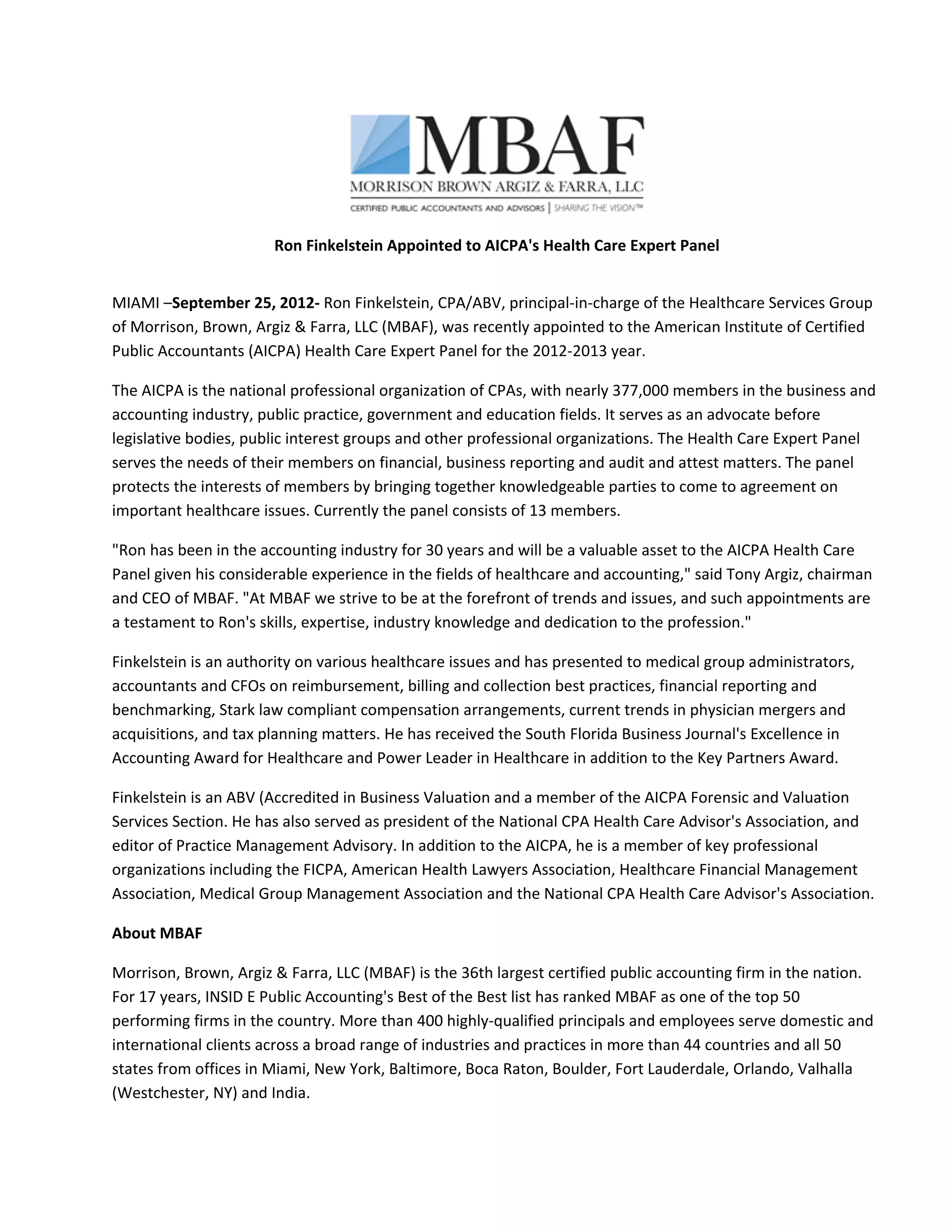 Ron Finkelstein Appointed to AICPA's Health Care Expert Panel | PDF