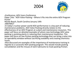 2004
 Conference: AOV Users Conference
Paper Title: "AOV Valve Packing – Where it fits into the entire AOV Program
Puzzle"
Myrtle Beach, South Carolina January 14th
 ABSTRACT
 In today’s nuclear power world AOV performance is a key part of reducing
maintenance problems. AOV Valve Packing directly relates to the
effectiveness of an AOV Program at a plant and maintenance resources. This
paper will focus on detailed examples of where new technology AOV valve
packing is assisting plants in reducing their maintenance headaches. This
paper will focus on low friction packing technology that can bring a valve into
an operability window without sacrificing sealablity and creating chemistry
issues.
 Also discussed are examples of the importance of maintenance training in
regards to a successful AOV packing program. This would include packing
consolidation and the misuse of stem lubricants to mask packing friction.
 