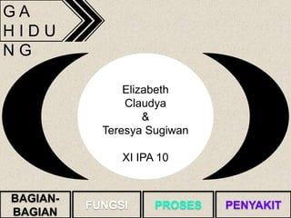 G A
H I D U
N G
PENYAKITPROSESFUNGSI
BAGIAN-
BAGIAN
Elizabeth
Claudya
&
Teresya Sugiwan
XI IPA 10
 
