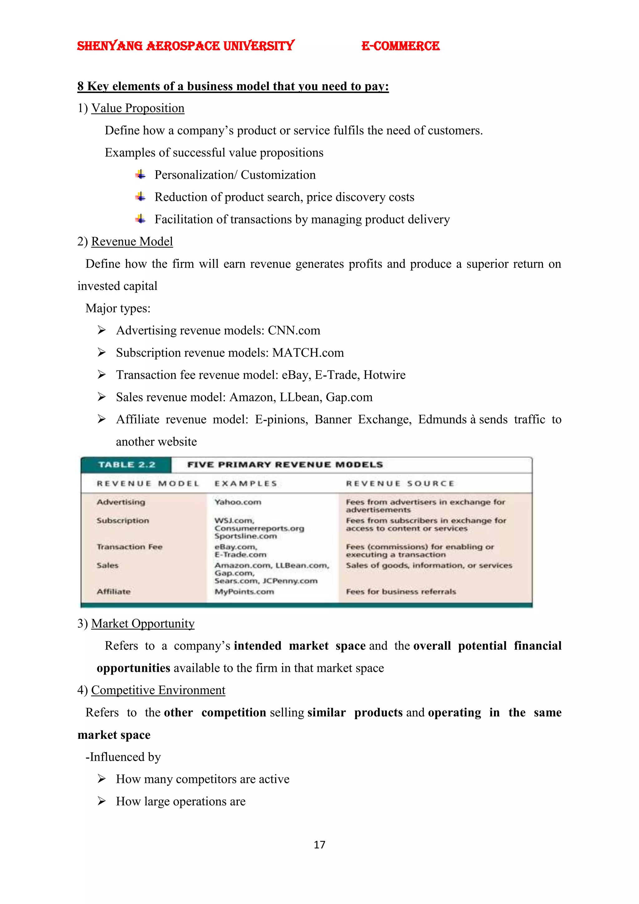 SHENYANG AEROSPACE UNIVERSITY                          E-Commerce


8 Key elements of a business model that you need to pay:
1) Value Proposition
     Define how a company‘s product or service fulfils the need of customers.
     Examples of successful value propositions
                Personalization/ Customization
                Reduction of product search, price discovery costs
                Facilitation of transactions by managing product delivery
2) Revenue Model
 Define how the firm will earn revenue generates profits and produce a superior return on
invested capital
 Major types:
    Advertising revenue models: CNN.com
    Subscription revenue models: MATCH.com
    Transaction fee revenue model: eBay, E-Trade, Hotwire
    Sales revenue model: Amazon, LLbean, Gap.com
    Affiliate revenue model: E-pinions, Banner Exchange, Edmunds à sends traffic to
       another website




3) Market Opportunity
     Refers to a company‘s intended market space and the overall potential financial
   opportunities available to the firm in that market space
4) Competitive Environment
 Refers to the other competition selling similar products and operating in the same
market space
 -Influenced by
    How many competitors are active
    How large operations are


                                              17
 