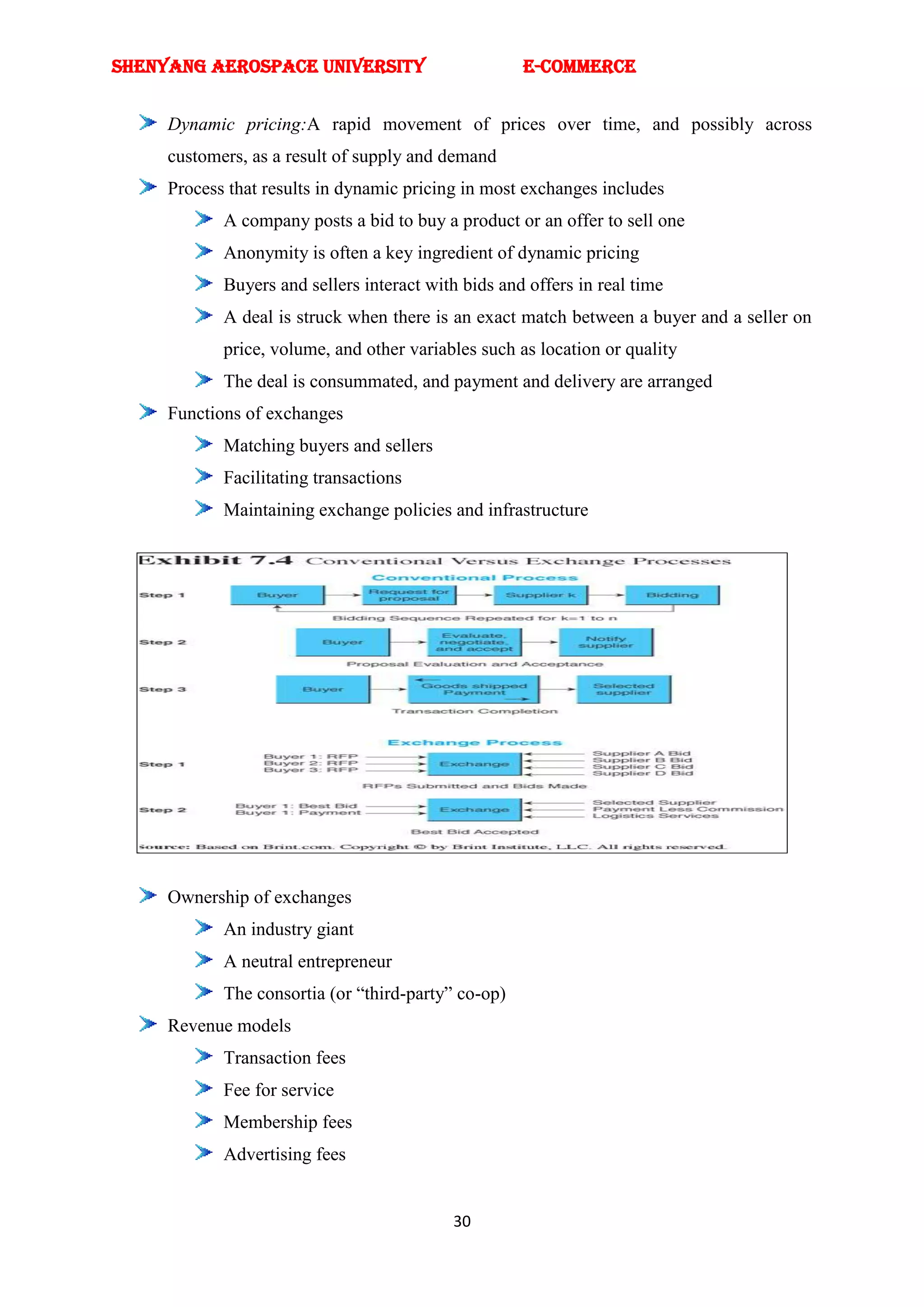 SHENYANG AEROSPACE UNIVERSITY                        E-Commerce


     Dynamic pricing:A rapid movement of prices over time, and possibly across
     customers, as a result of supply and demand
     Process that results in dynamic pricing in most exchanges includes
            A company posts a bid to buy a product or an offer to sell one
            Anonymity is often a key ingredient of dynamic pricing
            Buyers and sellers interact with bids and offers in real time
            A deal is struck when there is an exact match between a buyer and a seller on
            price, volume, and other variables such as location or quality
            The deal is consummated, and payment and delivery are arranged
     Functions of exchanges
            Matching buyers and sellers
            Facilitating transactions
            Maintaining exchange policies and infrastructure




     Ownership of exchanges
            An industry giant
            A neutral entrepreneur
            The consortia (or ―third-party‖ co-op)
     Revenue models
            Transaction fees
            Fee for service
            Membership fees
            Advertising fees


                                           30
 