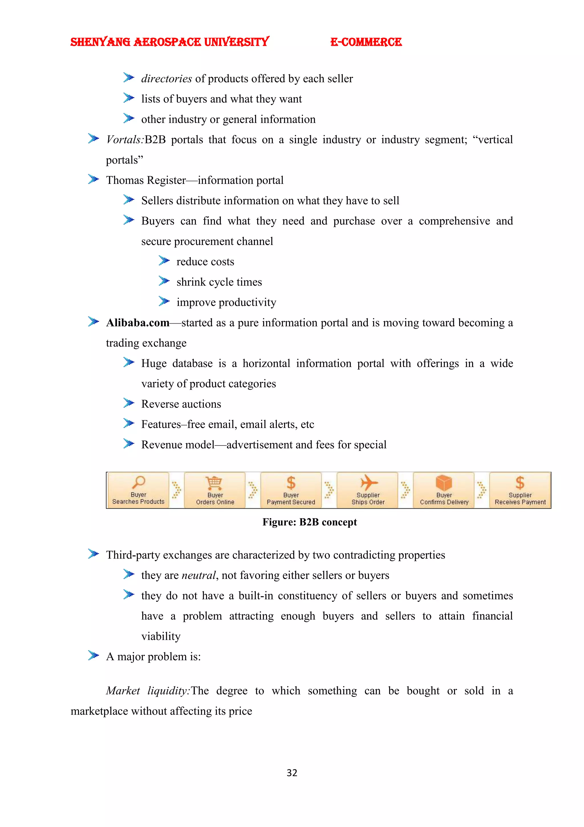 SHENYANG AEROSPACE UNIVERSITY                            E-Commerce


               directories of products offered by each seller
               lists of buyers and what they want
               other industry or general information
       Vortals:B2B portals that focus on a single industry or industry segment; ―vertical
       portals‖
       Thomas Register—information portal
               Sellers distribute information on what they have to sell
               Buyers can find what they need and purchase over a comprehensive and
               secure procurement channel
                       reduce costs
                       shrink cycle times
                       improve productivity
       Alibaba.com—started as a pure information portal and is moving toward becoming a
       trading exchange
               Huge database is a horizontal information portal with offerings in a wide
               variety of product categories
               Reverse auctions
               Features–free email, email alerts, etc
               Revenue model—advertisement and fees for special




                                            Figure: B2B concept


       Third-party exchanges are characterized by two contradicting properties
               they are neutral, not favoring either sellers or buyers
               they do not have a built-in constituency of sellers or buyers and sometimes
               have a problem attracting enough buyers and sellers to attain financial
               viability
       A major problem is:

       Market liquidity:The degree to which something can be bought or sold in a
marketplace without affecting its price




                                                32
 