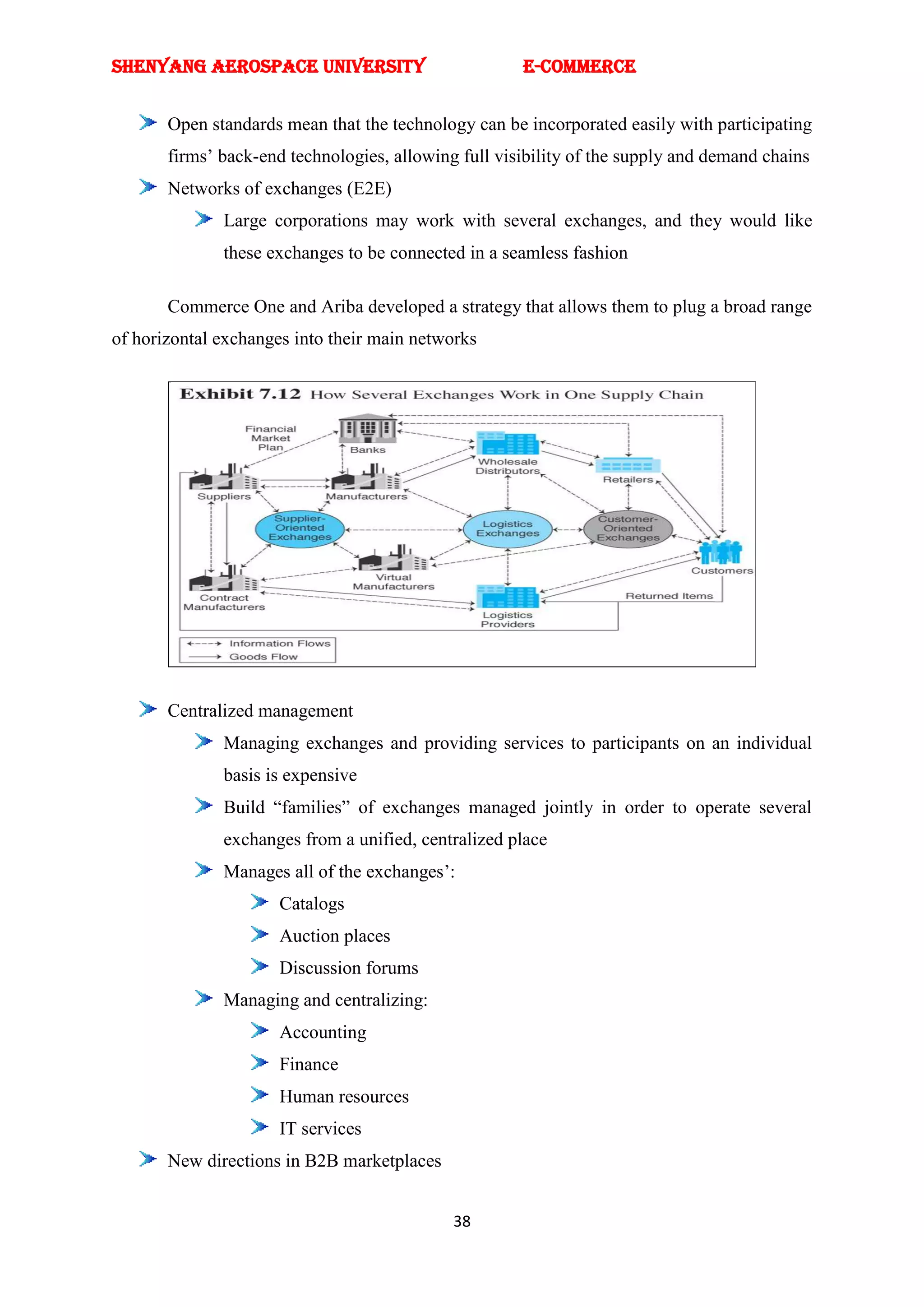 SHENYANG AEROSPACE UNIVERSITY                         E-Commerce


       Open standards mean that the technology can be incorporated easily with participating
       firms‘ back-end technologies, allowing full visibility of the supply and demand chains
       Networks of exchanges (E2E)
              Large corporations may work with several exchanges, and they would like
              these exchanges to be connected in a seamless fashion

       Commerce One and Ariba developed a strategy that allows them to plug a broad range
of horizontal exchanges into their main networks




       Centralized management
              Managing exchanges and providing services to participants on an individual
              basis is expensive
              Build ―families‖ of exchanges managed jointly in order to operate several
              exchanges from a unified, centralized place
              Manages all of the exchanges‘:
                      Catalogs
                      Auction places
                      Discussion forums
              Managing and centralizing:
                      Accounting
                      Finance
                      Human resources
                      IT services
       New directions in B2B marketplaces


                                             38
 