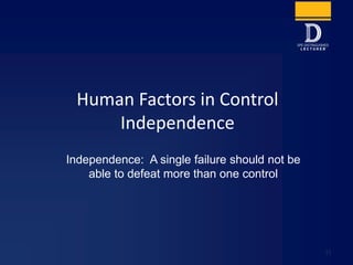 Human Factors in Control
Independence
Independence: A single failure should not be
able to defeat more than one control
11
 