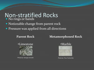 Non-stratified Rocks
 No rings or bands
 Noticeable change from parent rock
 Pressure was applied from all directions

       Parent Rock                   Metamorphosed Rock

        •Limestone                          •Marble



        •Photo by: Georges Grondin       Photo by: Titus Tscharntke
 