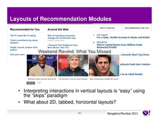 Layouts of Recommendation Modules




  • Interpreting interactions in vertical layouts is “easy” using
    the “skips” paradigm
  • What about 2D, tabbed, horizontal layouts?

                               - 16 -         Bangalore/MumbaiConfidential
                                                         Yahoo! 2013
 