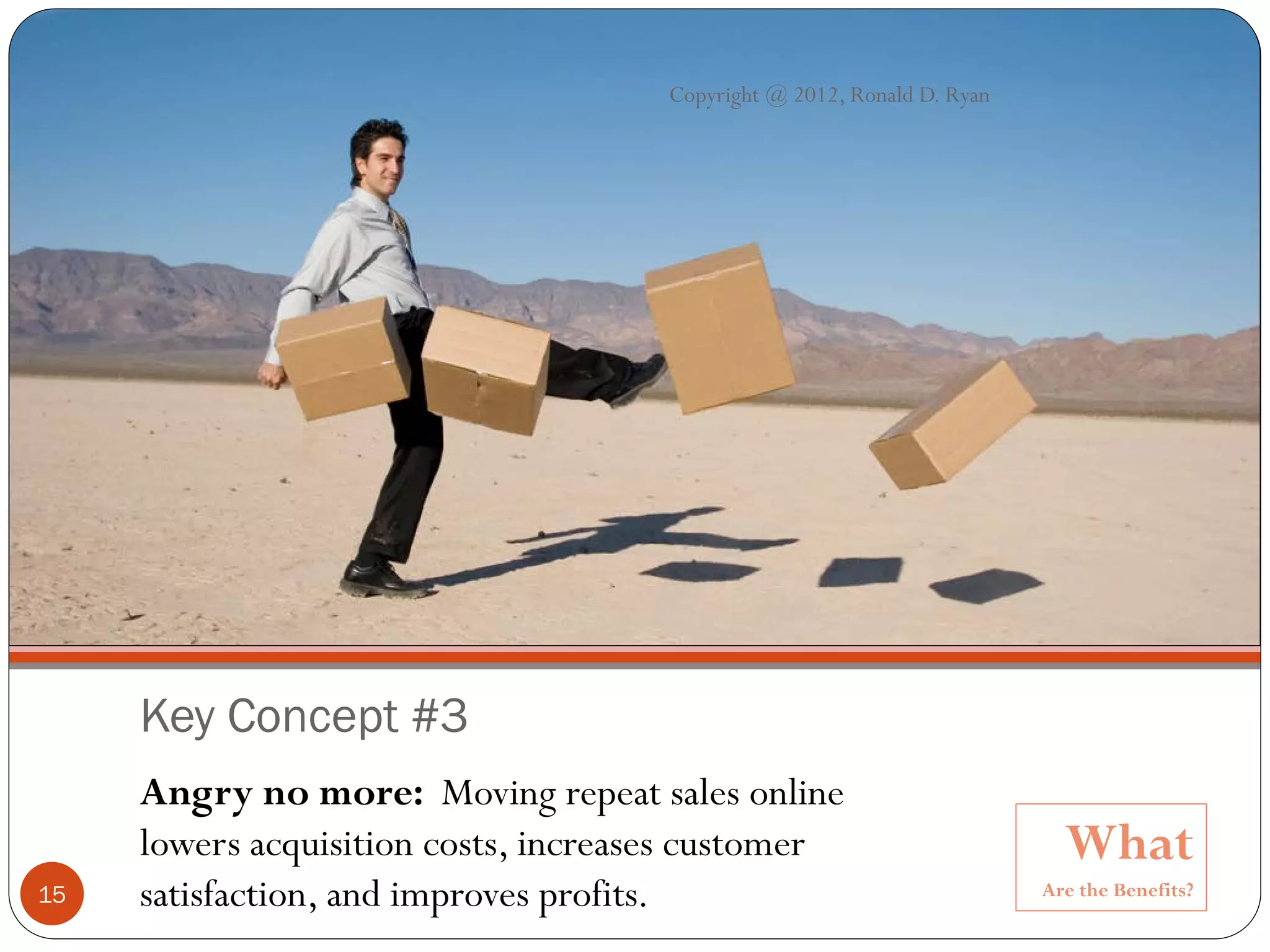 Copyright @ 2010, Ronald D. Ryan

                                      Copyright @ 2012, Ronald D. Ryan




     Key Concept #3
     Angry no more: Moving repeat sales online
     lowers acquisition costs, increases customer                            What
15   satisfaction, and improves profits.                                   Are the Benefits?
 