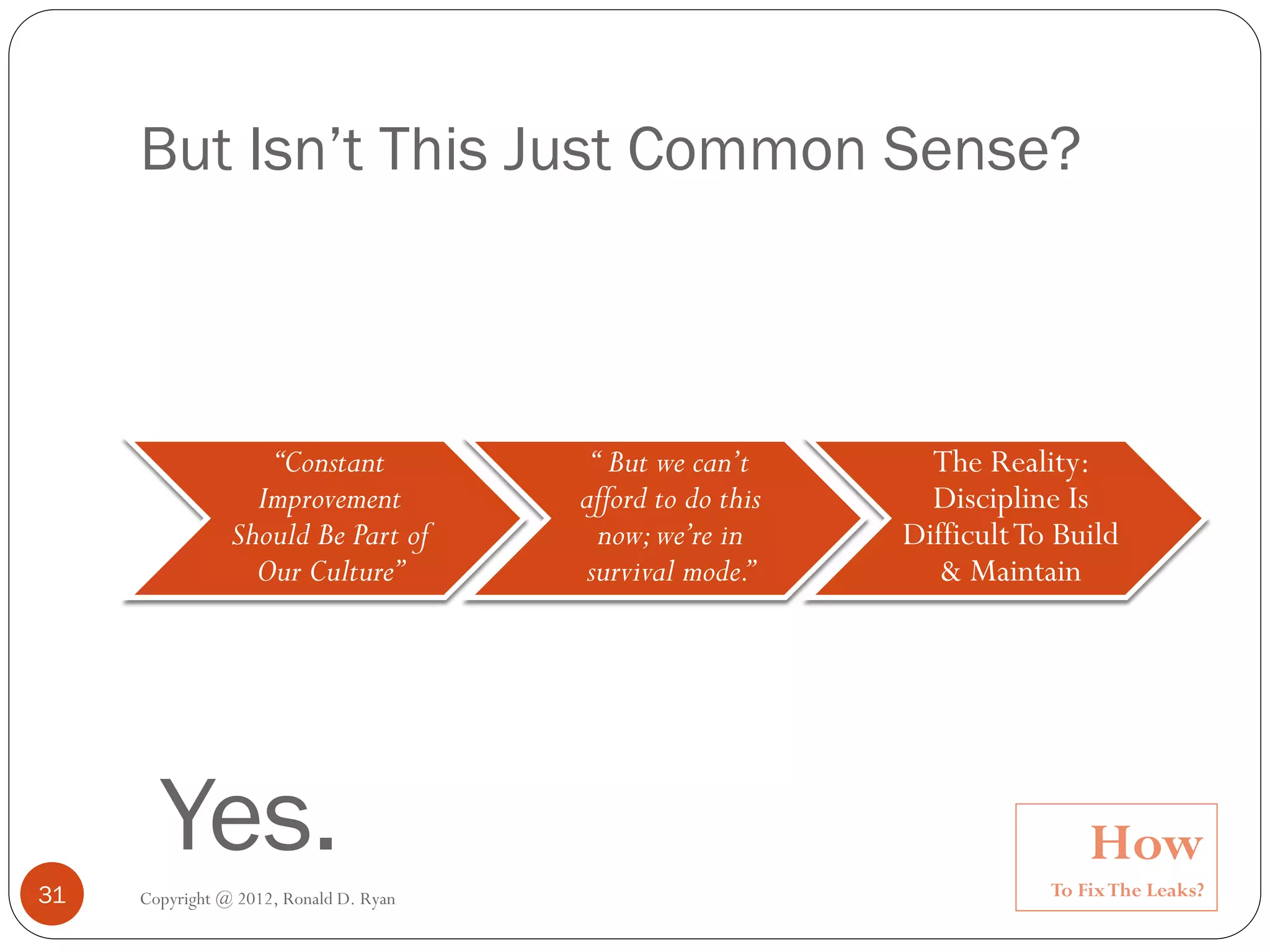 But Isn’t This Just Common Sense?



                   “Constant             “ But we can’t       The Reality:
                  Improvement           afford to do this     Discipline Is
                Should Be Part of         now; we’re in     Difficult To Build
                  Our Culture”           survival mode.”       & Maintain




       Yes.                                                                 How
                                                                        To Fix The Leaks?
31   Copyright @ 2012, Ronald D. Ryan
 