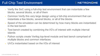 © 2016 NETRONOME SYSTEMS, INC. 5
Full Chip Test Environment
▶ Verify the SoC using a full-chip test environment that can instantiate a few
blocks, several blocks, or all of them
▶ Common Verify this very large design using a full-chip environment that can
instantiate a few blocks, several blocks, or all of the blocks
▶ Speed of the simulation can be determined by how many blocks are instantiated
in the test bench
▶ Test bench created by combining the I/O’s of interest with multiple internal
islands
▶ Python scripts create Verilog top-level module and test bench comprised of
multiple blocks and common interfaces
▶ UVCs instantiated based on the I/Os of interest
 